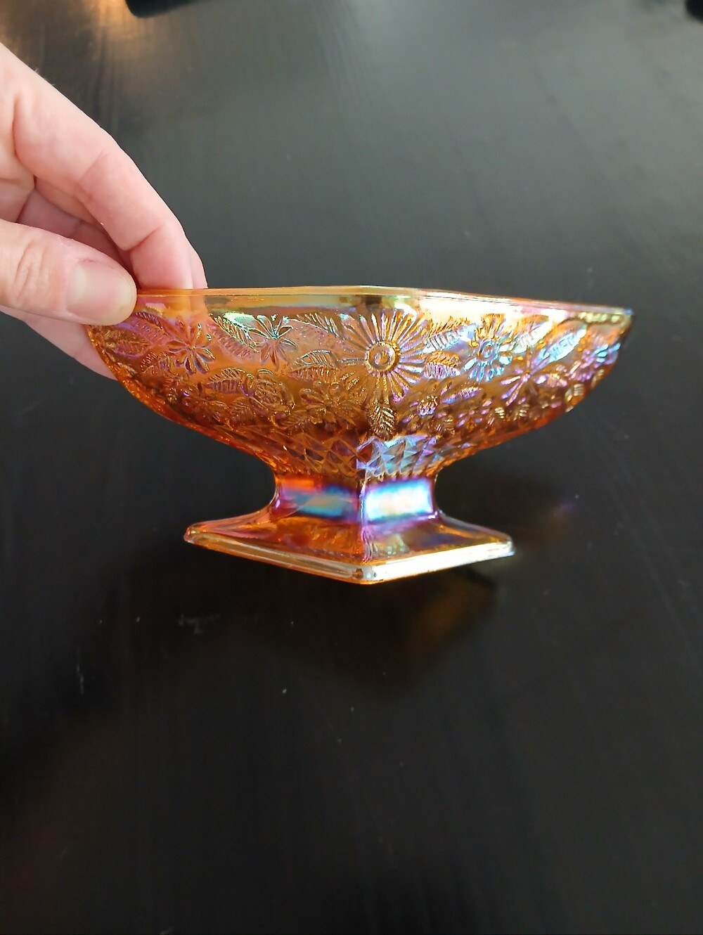 Marigold Iridescent Carnival Glass Compote Dish/ Diamond Piedestal Dish/Indiana